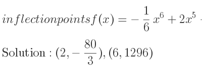 The inflection points of f(x)=-1/6 x^6+2x^5-5x^4 are (2,-80/3),(6,1296)